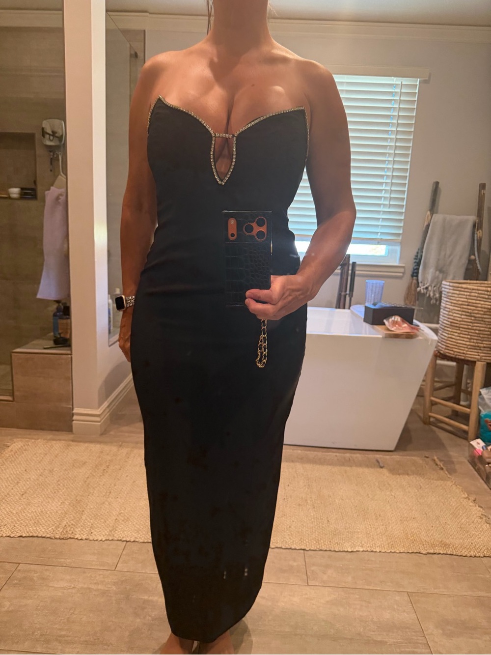 Strapless Black Maxi Dress with Jeweled Trim